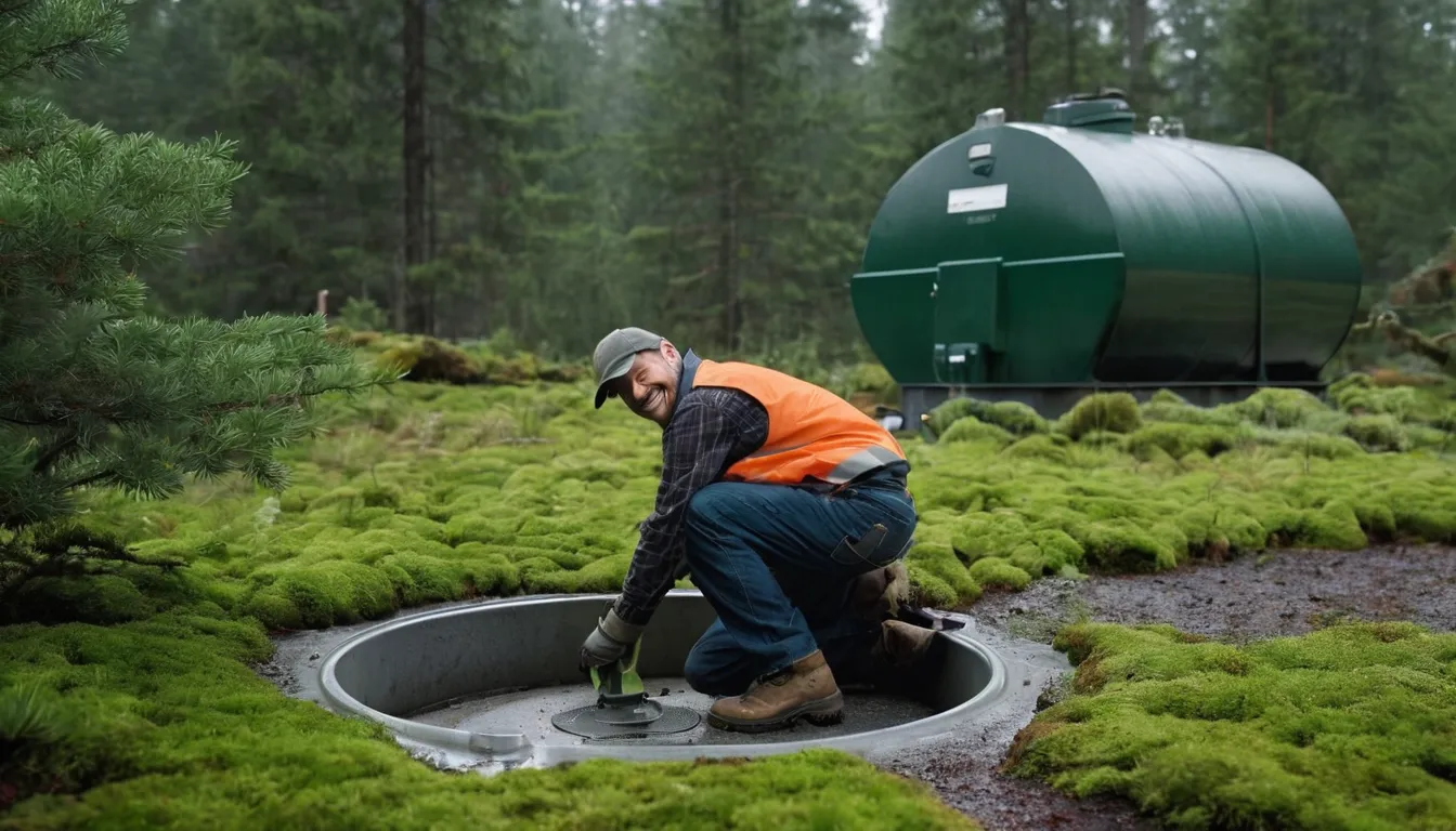 A provider checking a septic tank lid in a damp yard in the Carbonado area