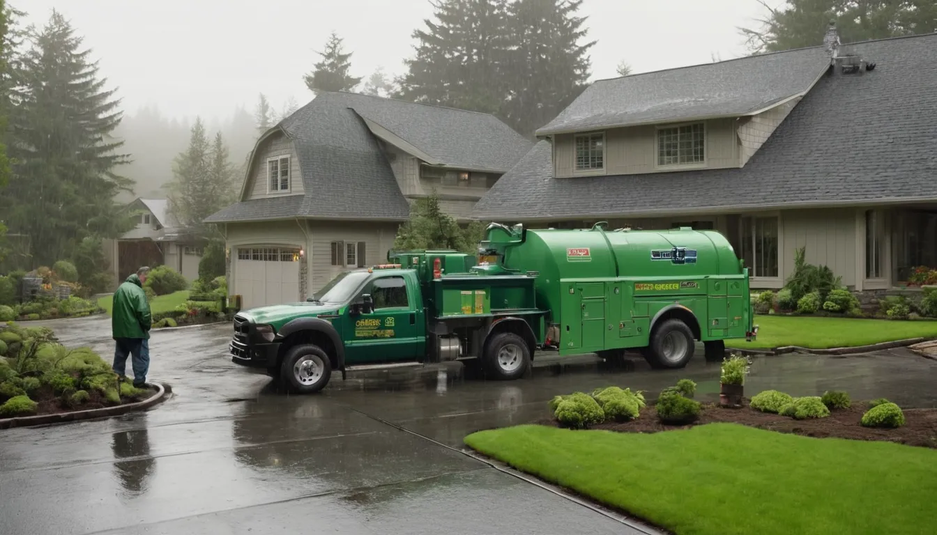 A homeowner in Carbonado talking calmly with a septic provider beside a pumping truck on a rainy day