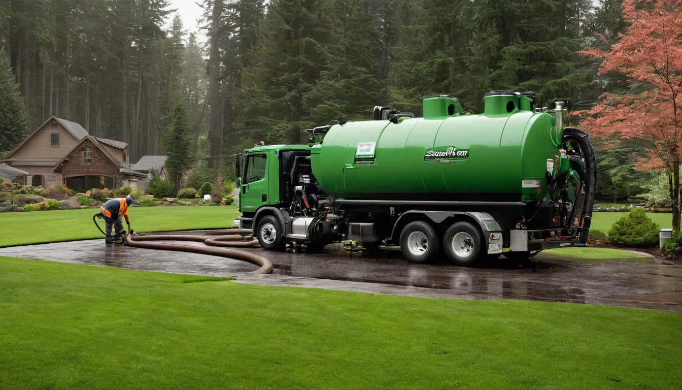 Septic pumping truck parked beside a home in the Carbonado area during a damp, mossy wet season